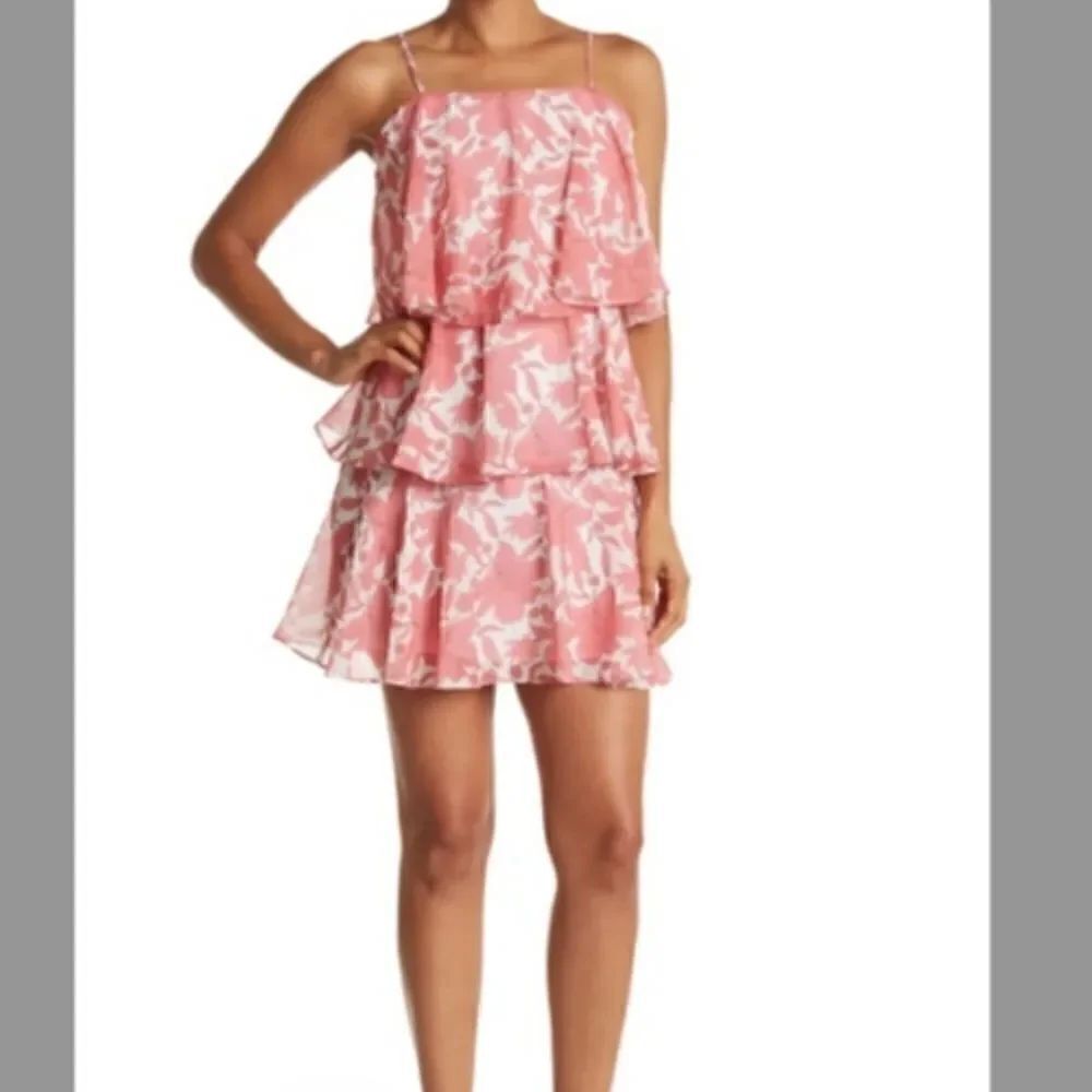 Sam Edelman Pink White Floral Spaghetti Strap Ruffle Tiered Mini Dress Size XL